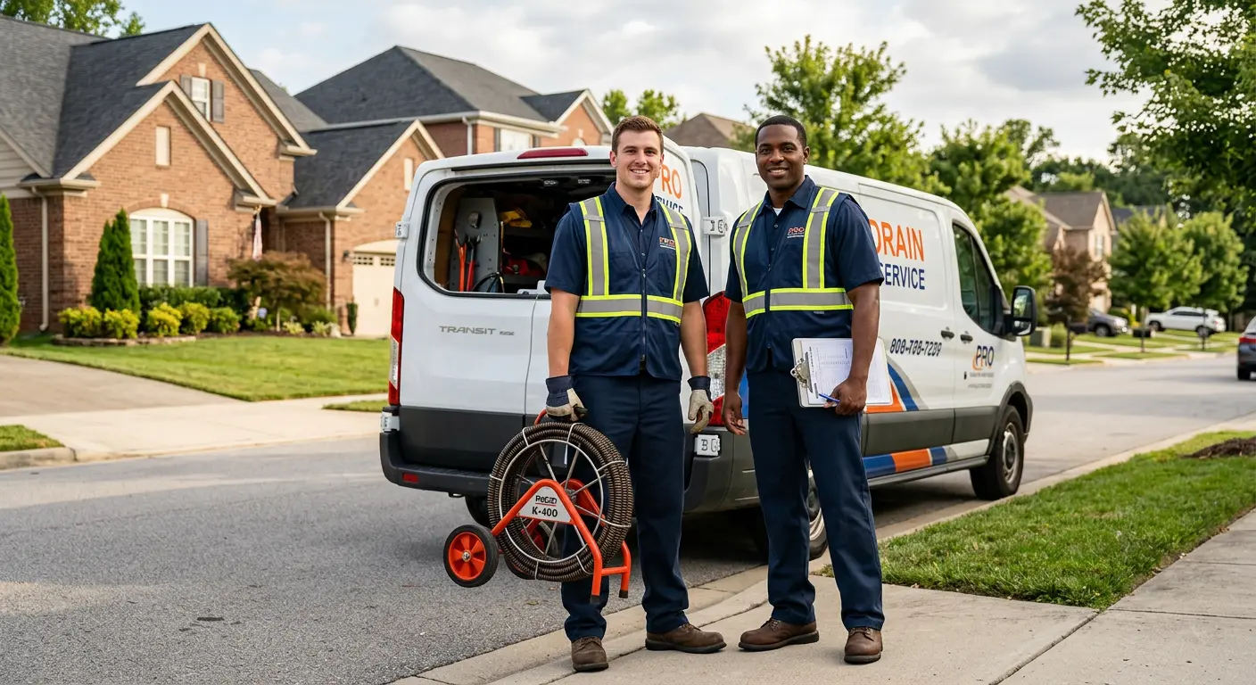 Sewer and drain service team with equipment ready for work in South Run