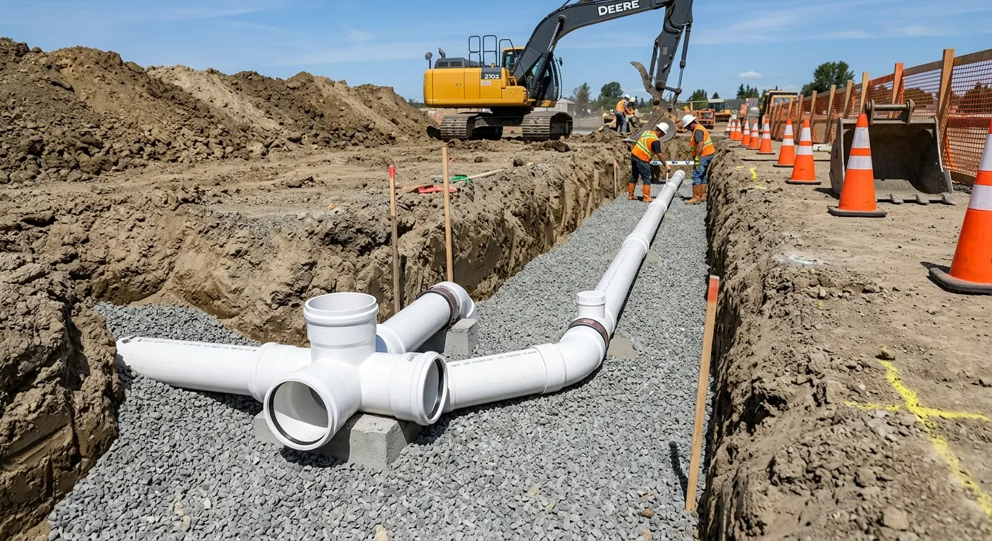 New PVC sewer pipe installation in open trench for Sewer Backup in South Run