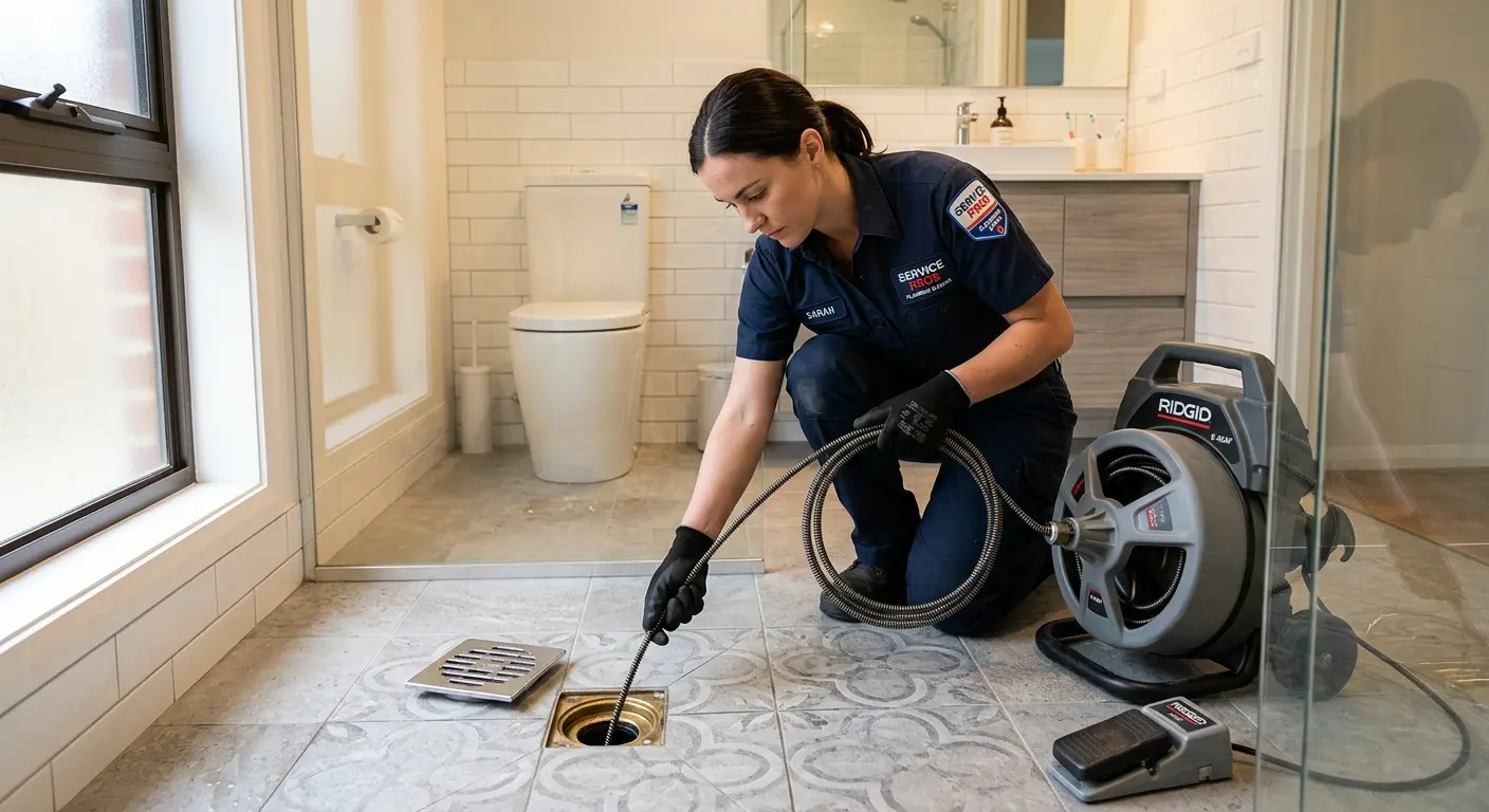 Technician clearing a bathroom floor drain for Drain Cleaning in South Run